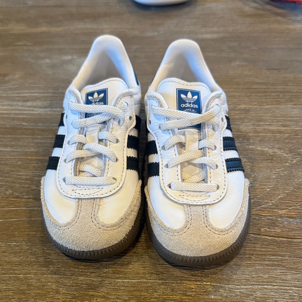 Adidas Kids White and Black Sneakers with Blue Accents